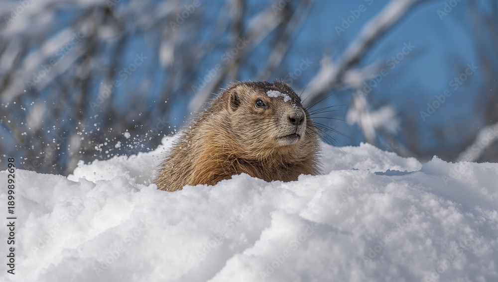 Obraz premium Peeking brown marmot popping from snow mound on slope, with snow spray, bare branches, blue sky
