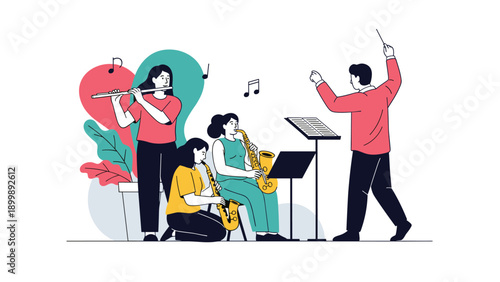 A small orchestra performs, with a conductor leading musicians playing a flute and saxophones, symbolizing harmonious collaboration.