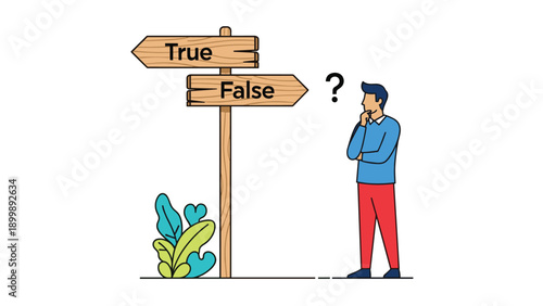A contemplative man stands at a crossroads with signs pointing to "True" and "False," symbolizing a critical decision or moral dilemma.