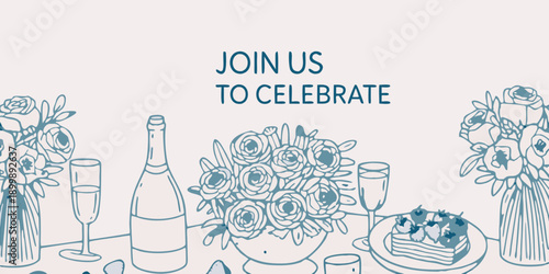 Celebratory illustration featuring champagne flowers and a dessert table