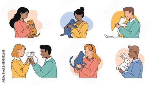 A heartwarming collection of illustrations showing diverse people lovingly holding and petting various pets, including dogs, cats, and rabbits.