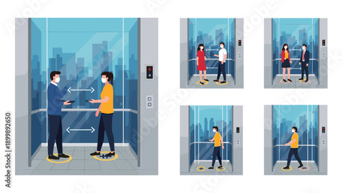 A set of illustrations demonstrating people practicing social distancing and wearing masks inside an elevator, adhering to health guidelines.