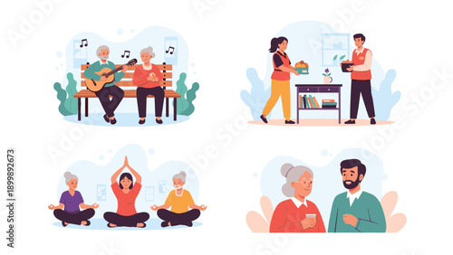 Four distinct illustrations depict active and supportive elderly care, showcasing seniors enjoying music, yoga, and receiving assistance.