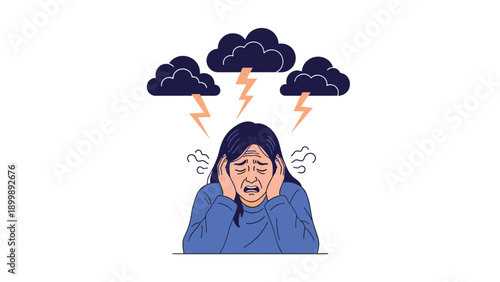 A distressed woman clutches her head, surrounded by thunderclouds and lightning, vividly symbolizing intense stress and a severe headache.