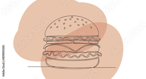 Vector illustration of a hamburger with peach-colored abstract background, for menu or food blog, isolated on white background