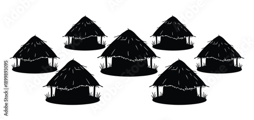 Set of traditional African thatched huts in black silhouette