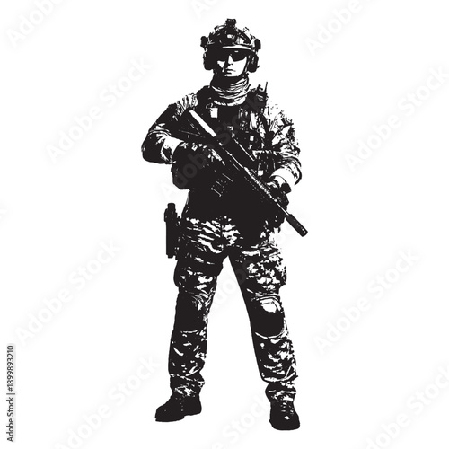 Special forces soldier standing with assault rifle, military tactical gear illustration, isolated on white background.