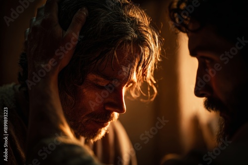 Ananias laying hands on Saul of Tarsus inside a Damascus house, warm devine light, moment of healing and faith, Acts 9, Biblical era