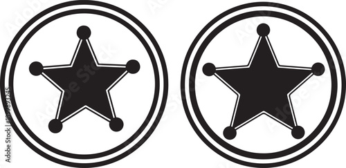 Two stylized sheriff star icons within circles, representing law enforcement, authority, and the Wild West.