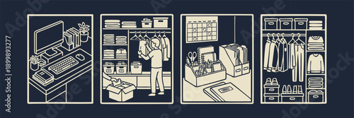 Essential Home Organization and Decluttering Line Art Icons