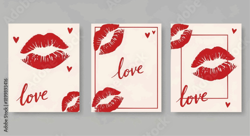 Three white cards with red lips hearts and love text on gray background