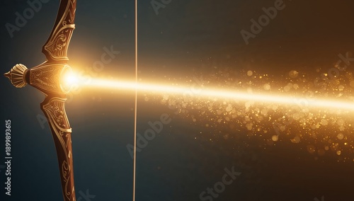Projecting metallic crossbow emitter releasing horizontal golden beam in dark void, copy space