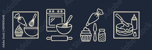 Professional Baking Cooking and Dessert Preparation Tools Icons Set