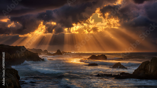 Crepuscular rays beaming through broken storm clouds over ocean coastline, dramatic sunbeams creating god rays effect, rocky cliffs, crashing waves