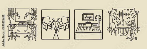 Professional Podcasting Broadcast Studio Equipment Line Art