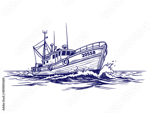 Classic Trawler Fishing Boat Line Art Vector Illustration Speeding Through Ocean Waves in Vintage Engraving Style