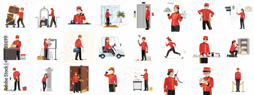 Hotel Bellhop and Concierge Services Vector Set: Staff members performing essential duties like luggage handling, room service, reception, and guest assistance.