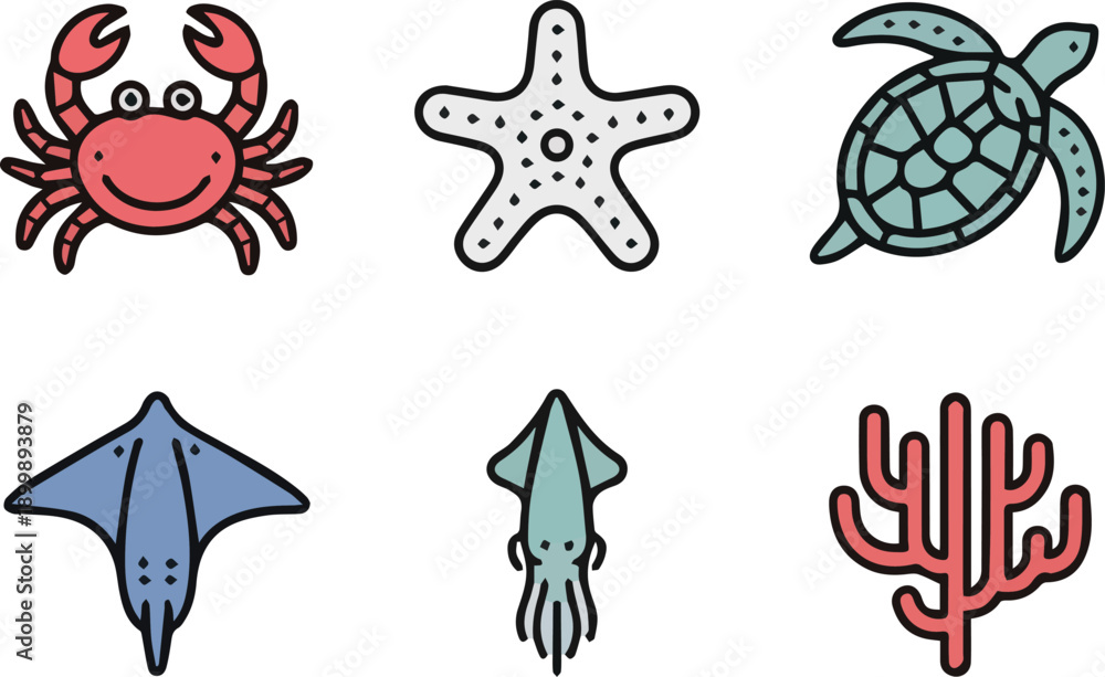 Fototapeta premium Set of colorful sea fish in various shapes and patterns, isolated on a white background. Perfect for ocean, marine life, aquarium, kids’ designs, and nature illustration projects.