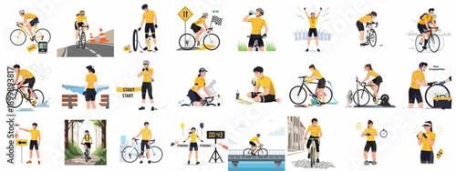 Cyclist lifestyle, training, and racing vector collection: featuring preparation, maintenance, competition, victory, and diverse cycling activities.