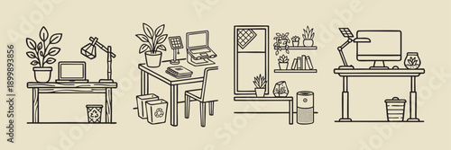 Sustainable Eco-friendly Green Office Workspace Desk Illustrations