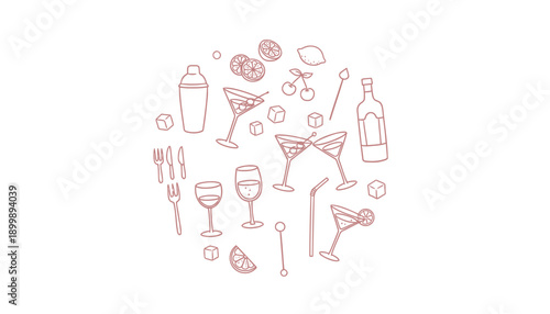 Red wine and cocktail glasses, bottle, fork, knife, spoon, and food icons vector illustration for restaurant or bar menu, flyer, or poster
