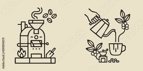 Coffee Roasting and Manual Pour Over Brewing Process Icons