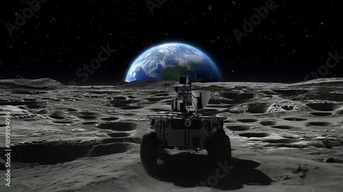 Space rover exploring moon surface with earth rising in the background