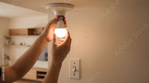 A person’s hand holds a glowing light bulb near a ceiling fixture in a softly lit home interior, creating a home maintenance and lighting concept with copy space.