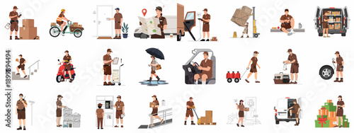 Comprehensive set of delivery and logistics workers illustrating various tasks like parcel handling, transportation, and customer service.