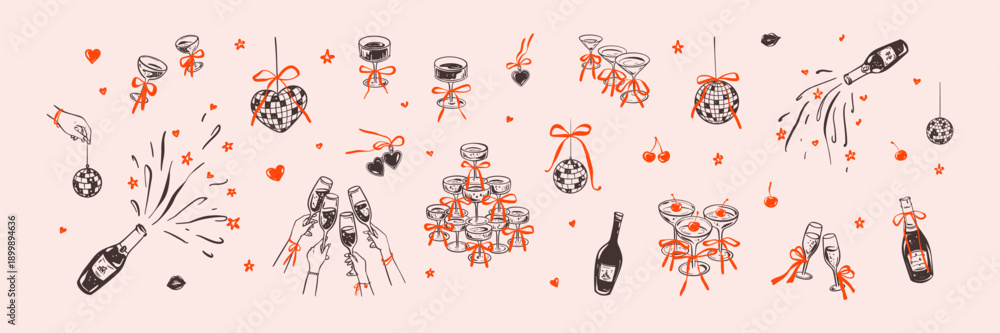Fototapeta premium Set of hand drawn doodle sketch girly bachelorette, birthday, New Year, wedding, Valentines day disco parti graphic design elements. Cocktail tower with coquette bow, whimsical champagne glass drawing