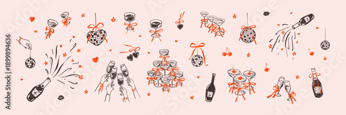 Set of hand drawn doodle sketch girly bachelorette, birthday, New Year, wedding, Valentines day disco parti graphic design elements. Cocktail tower with coquette bow, whimsical champagne glass drawing
