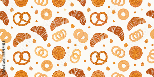 A seamless pattern featuring pretzels croissants and spiral pastries