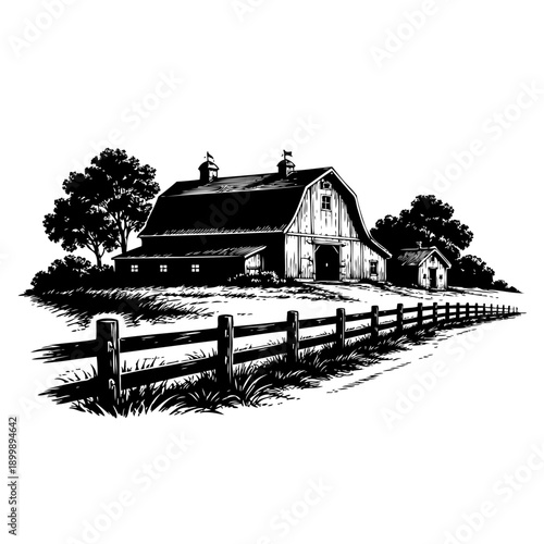 A serene countryside scene with a rustic wooden barn and a fence