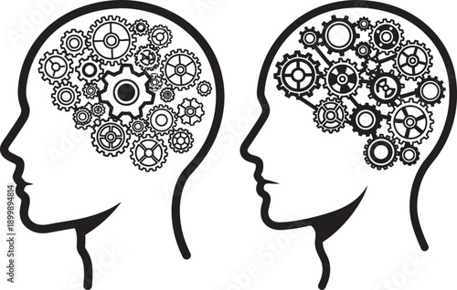 Human head profiles with intricate gears inside, symbolizing intellect, thought, and mechanical brains