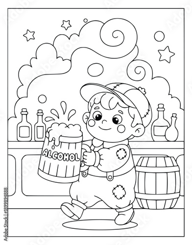 Beer mug held by a funny cartoon monster in a coloring book page style