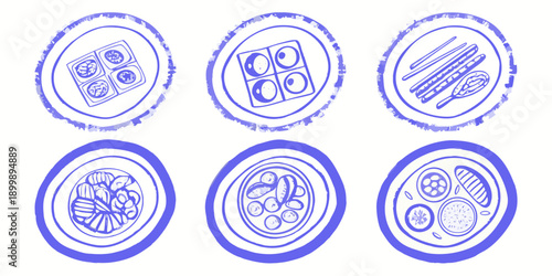 Blue sketches of various food items presented in circular frames