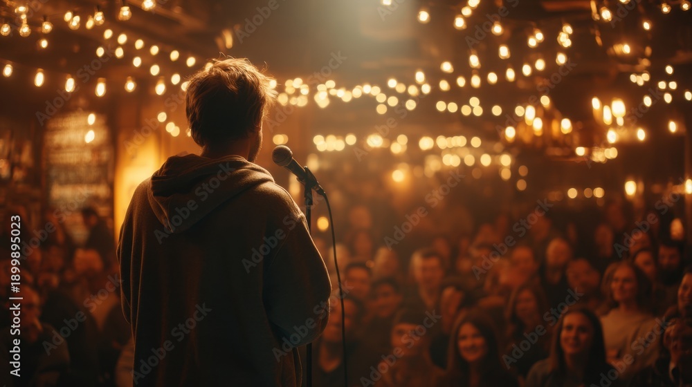 Obraz premium Male comedian performing in cozy comedy club under warm lights.