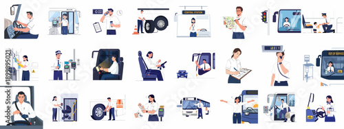 Collection of illustrations showing the daily professional life and various tasks of bus drivers, conductors, and maintenance staff in public transportation service.