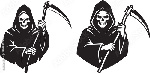 Two grim reaper icons with scythes, representing death, mortality, and Halloween themes