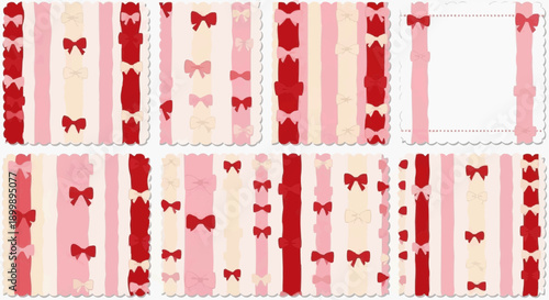 Valentine's day themed gift tags with bows and hearts on pink background