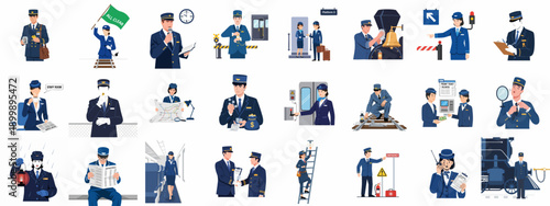 Professional Railway Workers Vector Set: Illustrations of train crew activities like ticketing, signaling, maintenance, and passenger service.
