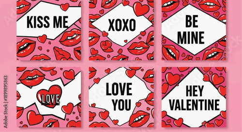 Valentine's day stickers with love messages on pink lip prints background