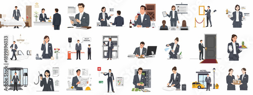 Comprehensive set of illustrations depicting hotel staff performing various roles including front desk, housekeeping, management, concierge, and customer service.