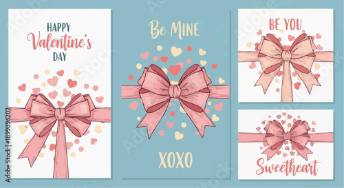 Valentine's day greeting cards with bows and hearts on blue background