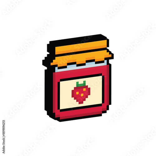 3D isometric pixel art strawberry jam 8 bit vector icon for computer game logo