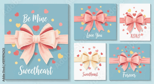 Valentine's day cards with pink bows and colorful hearts on blue background