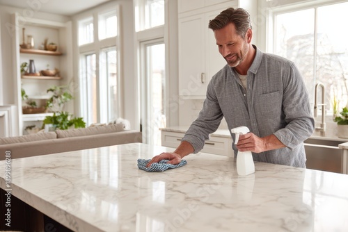 Middle-aged man cleaning a marble kitchen counter with a microfiber cloth