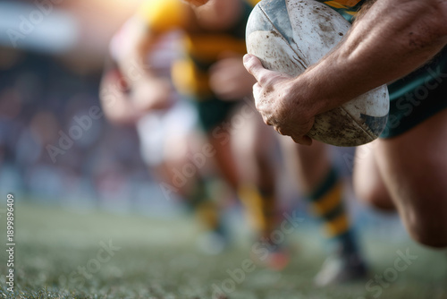 A rugby player is holding a rugby ball and is about to run