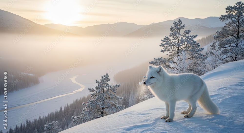 Obraz premium White fox stands on snowy incline overlooking misty arctic valley at sunrise