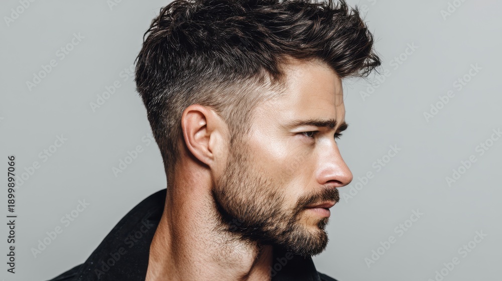 Obraz premium Profile of young caucasian male with stylish short haircut and beard.